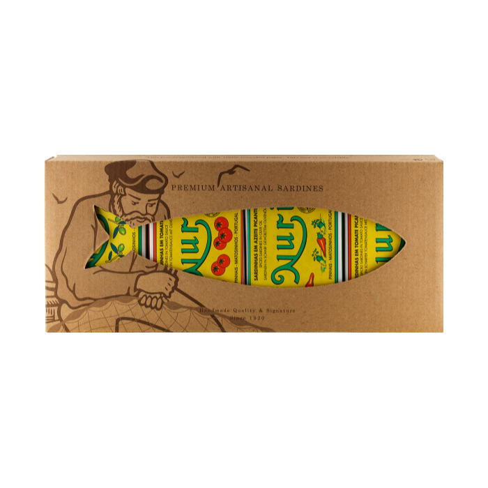 GIFTSET OM 4ST. SARDIN I OLIVOLJA, KRYDDAD SARDIN I OLIVOLJA, SARDIN I TOMATSÅS, KRYDDADE SARDINER I TOMATSÅS.